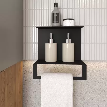Półka łazienkowa COMBI 25 cm, CZARNA - dwie półki, uchwyt na ręczniki
